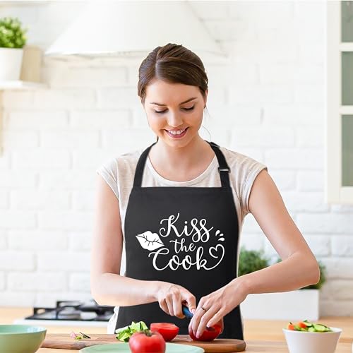 Funny Apron for Men Women 100% Cotton Kiss The Cook Adjustable Bib Aprons with 2 Pockets Funny Gifts Grilling Grill Kitchen Cooking BBQ Black (Kiss the Cook)