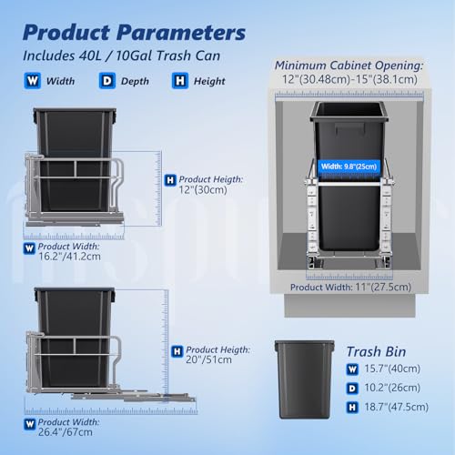 10 Gal Pull Out Trash Can Under Cabinet with Tiltable 10° (Silver / Single-10Gal)
