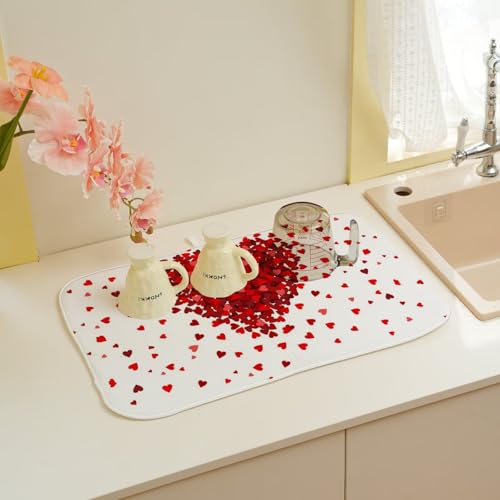 Valentines Day Dish Drying Mat 18 x 24 inch Red Hearts Decorative Drying Mats Microfiber Absorbent Love Heart Dish Washable Draining Mat for Kitchen Counter Decor (18x24 Inch / Red Hearts)