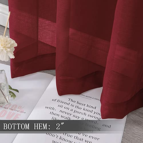 Short Sheer Curtains Linen Textured Bedroom Curtain Sheers Light Filtering Rod Pocket Voile Curtains for Living Room (54"W x 45"L (Pack of 2) / Burgundy Red)