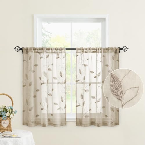 Taupe Kitchen Sheer Tier Curtains Leaf Embroidered (30"W x 36"L (Pack of 2) / 2-taupe/Beige)