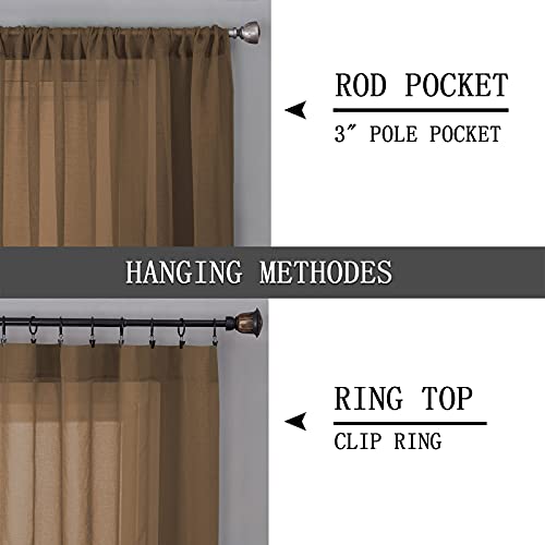 Short Sheer Curtains Linen Textured Living Room Curtain Sheers Light Filtering Rod Pocket Voile Curtains for Bedroom (42"W x 45"L (Pack of 2) / Brown)