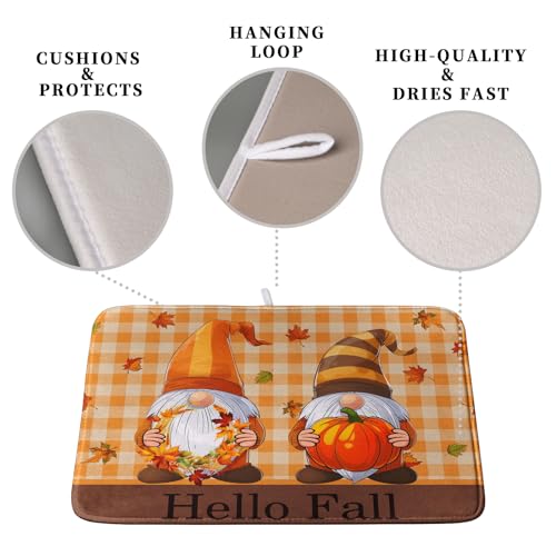 Hello Fall Autumn Gnomes Dish Drying Mat 16x18 Thanksgiving Pumpkin Maple Leaves Harvest Kitchen Drying Mat Orange White Buffalo Plaid Dish Drainer Mat Ultra Absorbent Dish Rack Pad for Coffee Bar (Fall Gnome / 16" x 18")