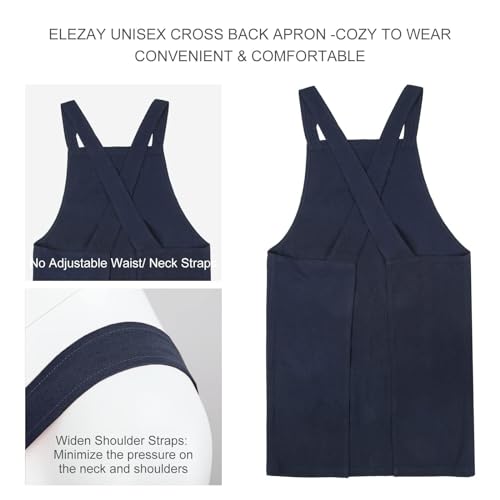 Aprons for Women with Pockets Unisex Comfort Cross Back No Tie Cotton Linen Apron Pinafore for Cooking Painting Floral Arrangement Gardening Cleaning Navy (Navy / Medium)