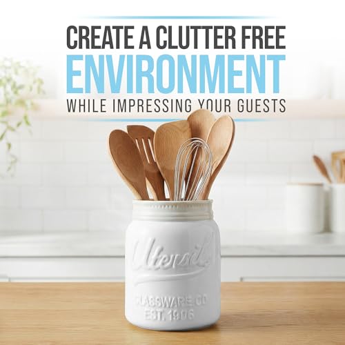 White Mason Jar Utensil Holder (White | Jar Utensil Holder)