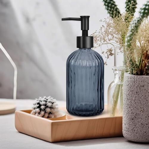 Stripe Glass Soap Dispenser with Black Plastic Pump (Plastic Pump / Grayish Blue)