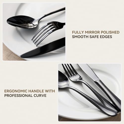 72 PCS NO FADING Black Silverware Set with Steak Knives (Black / 72 Pack for 12)