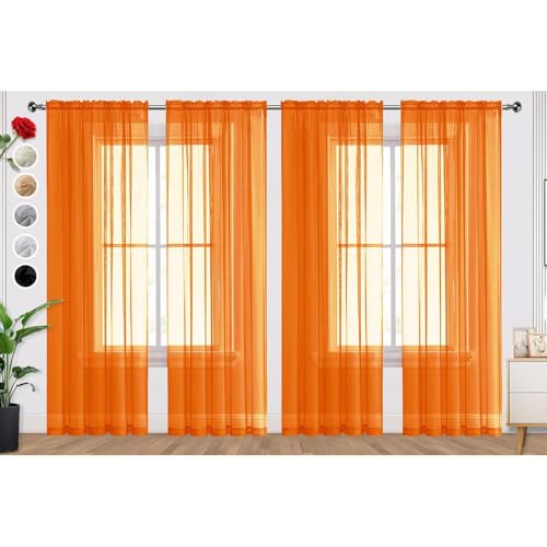 Orange Sheer Curtains 4 Panels Rod Pocket Semi (Orange / 52"W x 90"L (Pack of 4))