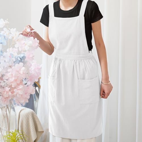 Cute Cotton Pinafore Aprons for Women with Pockets for Kitchen (White)