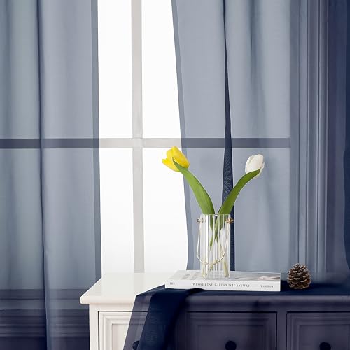 Short Sheer Curtains 54 Inches Length 2 Panels (Navy Blue / 40"W x 54"L (Pack of 2))