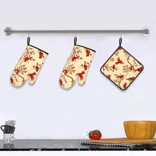 Red Cardinal Oven Mitts and Pot Holders Sets of 3 (Cardinal Bird)
