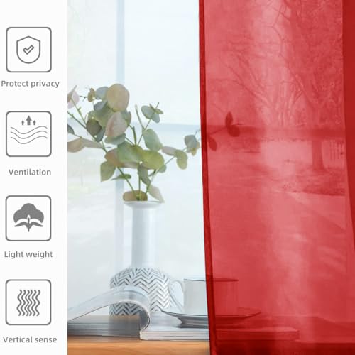 Solid Sheer Rod Pocket Curtain Voile Draperies 2 Panels White Beige Black Grey Ivory 52 Inch Width 54 Inch Long 1 Pair for Kitchen Bedroom Children Living Room Yard (Christmas Red / 52"W x 54"L (Pack of 2))