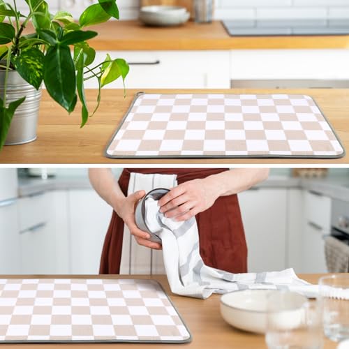 Dish Drying Mat for Kitchen Counter 16 x 24 Microfiber Absorbent Dish Drainer Rack Pads Fast Dry Mat Vintage Kitchen Decorations (16" x 24" / Checkered / Beige)