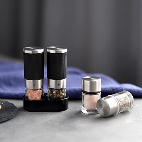 Mini Salt and Pepper Grinder set with 2 Small Salt and Pepper Shakers Portable Cute Tiny Spice Grinder Pepper Mill Salt Grinder for Travel (Black)