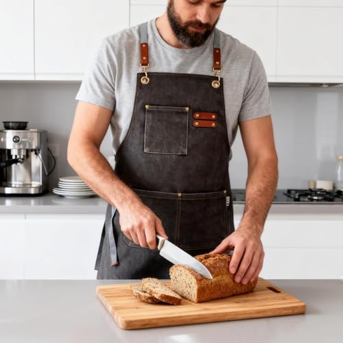 Chef Apron Bib Apron with 2 Large Pockets Adjustable Neck Strap Kitchen Apron Cooking Apron Stripes Baking Apron (Dark Grey-new)
