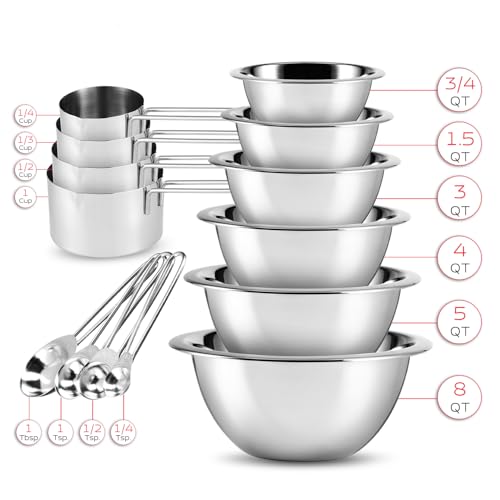 Stainless Steel Mixing Bowls with Measuring Cups & Spoons Set of 14 (14 Piece Set)