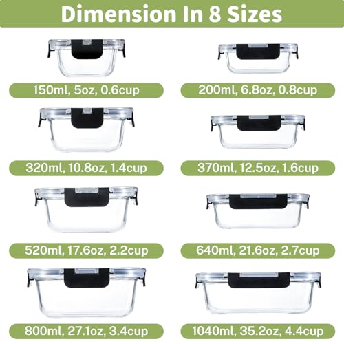 8 Pack Glass Food Storage Containers with Snap Locking Lids for Meal Prep (Deep Black / 8 Pack)