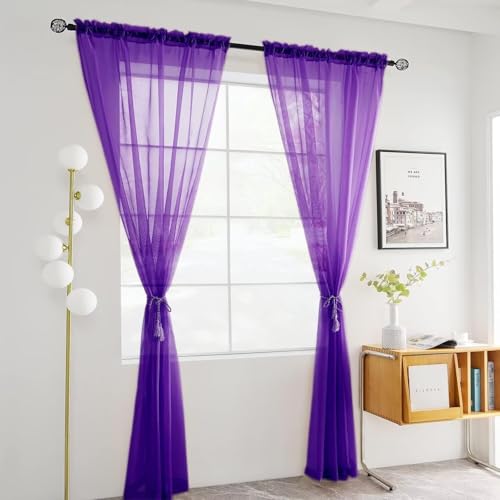 Solid Sheer Rod Pocket Curtain Voile Draperies 2 Panels White Beige Black Ivory Coffee 22 Inch Width 30 Inch Long 1 Pair for Kitchen Bedroom Children Living Room Yard (Purple / 22"W x 30"L (Pack of 2))