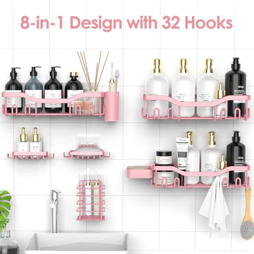 Shower Caddy Adhesive Shower Organizer 8 (Pink / 8-Piece Set)