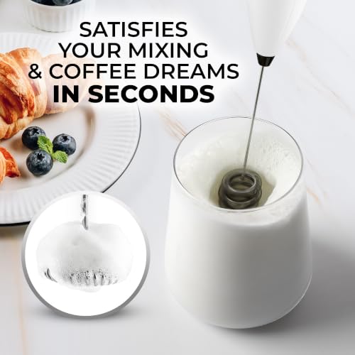 Powerful Milk Frother Wand With Duracell Batteries (Pearl White & Black / Triple Whisk + Batteries)