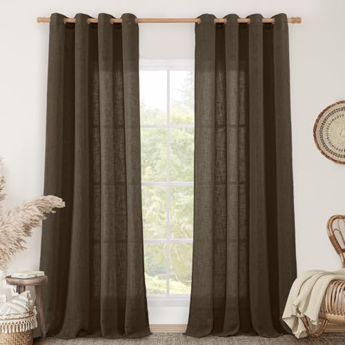 Dark Brown Sheer Linen Curtains for Living Room 84 inch Length (52"W x 84"L (Pack of 2) / Dark Brown)
