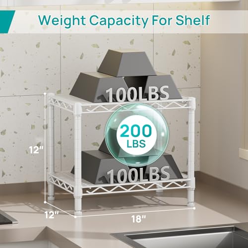 Small Shelves Kitchen Storage Shelf Wire Shelving Metal Adjustable (White / 2 Tier 11.6"Dx17.6"Wx12"H)