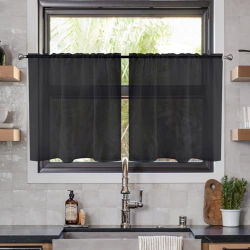 Solid Sheer Rod Pocket Curtain Voile Draperies 2 Panels White Beige Black Ivory Coffee 26 Inch Width 24 Inch Long 1 Pair for Kitchen Bedroom Children Living Room Yard (Black / 26"W x 24"L (Pack of 2))