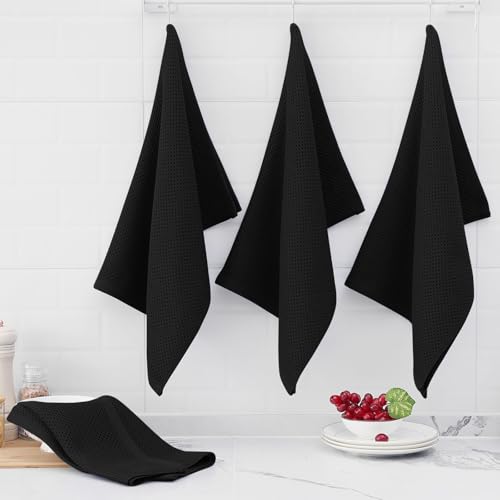 100% Cotton Oversized Waffle Weave Kitchen Towels 4 (Black / 20 X 28 - 4 Pack)