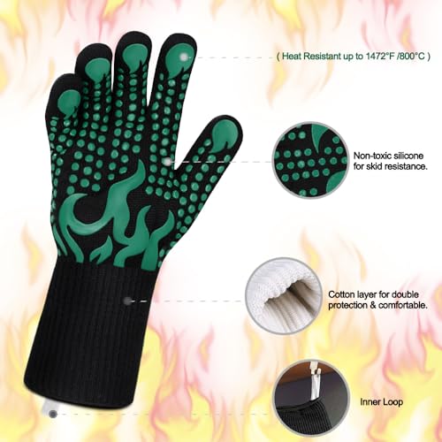 BBQ Gloves 1472°F Heat Resistant Grilling Gloves Silicone Non (short / Green)