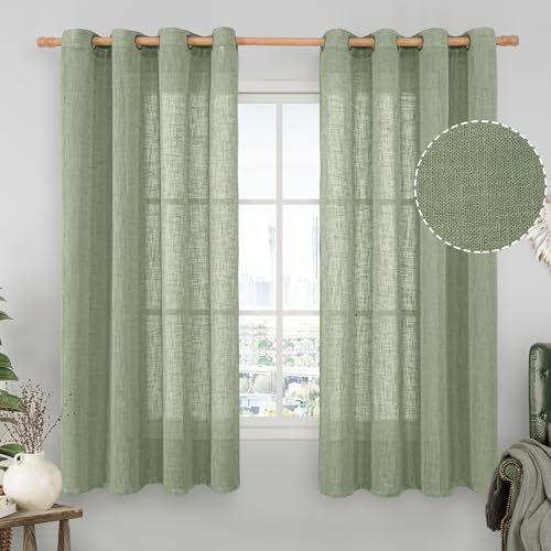 Sage Green Sheer Linen Curtains 63 inches Long for Bedroom 2 Panels (52"W x 63"L (Pack of 2) / Sage Green)