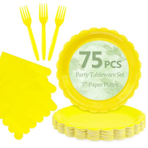 75 Yellow Plates Plates and Napkins&Forks Disposable Set for Party (Yellow 75 Plates Set / 7-inch Set)