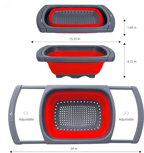 Collapsible Colander Strainer with Extendable Handles (Red)