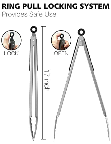 Extra Long Stainless Steel Grilling Locking Tong (17 Inch / 1 Pc Stainless Steel - Black)