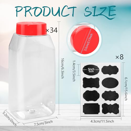 34 Pack 16 oz Plastic Spice Jars with Cap Clear Empty Square Bottle With flip lid Reusable Spice Bottle Large Seasoning Jars Powder Storage Container for Storing Seasoning Powders Supplies (Red)