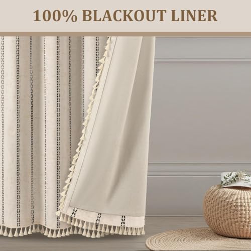 Beige 100% Boho Blackout Curtains 2 Panels with Tassels 52W X 82L (Black / 52"W x 82"L (Pack of 2))