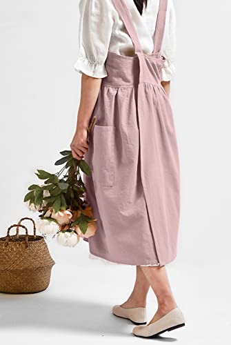 Japanese Cotton Cross Back Smock Apron for Women with Pockets Pink (05 - Pink Without Waist Ties)
