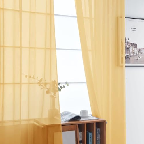 Basic Rod Pocket Sheer Voile Window Curtain Panels Gold 1 Pair 2 Panels 52 Width 45 Inch Long for Kitchen Bedroom Children Living Room Yard（Gold (Gold / 52"W x 45"L (Pack of 2))