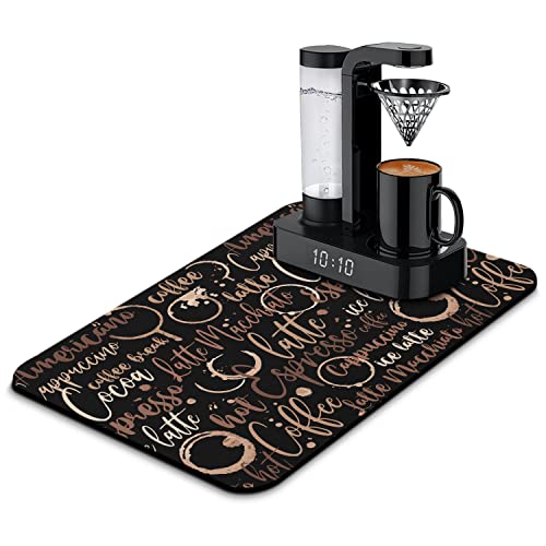 Coffee Bar Mat Accessories for Countertop Absorbent Hide Stain Rubber Backed Dish Drying Mats for Kitchen Counter Draining Pad Decor Gift (black-2 / 16" x 24")