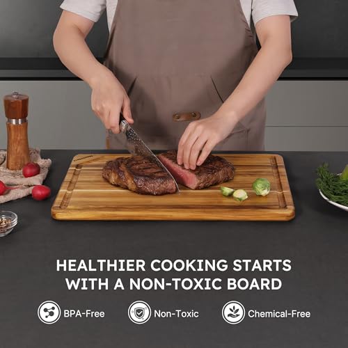 Teak Wood Cutting Board for Kitchen Non Slip Charcuterie Board (20"L x 14"W)