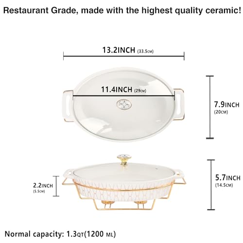 11" x 7.5" Ceramic Oval Casserole Dish with Glass Lid and Gold rack (White with rack / 13.2 Inch(1.3 qt))