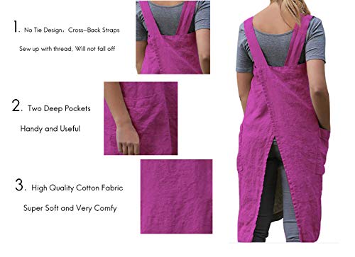 Women's Pinafore Square Apron Baking Cooking Gardening Works Cross Back Cotton (Medium / Y-purple Red)