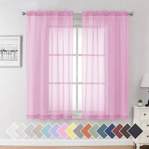 Pink Sheer Curtains 54 inch Length Living Room Short Voile Drapes Solid Sheers Cafe Curtains Voile Bathroom Small Window Sheers 2 Panels Set (40"W x 54"L (Pack of 2) / Light Pink)
