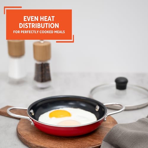 5.8 Inch Aluminum Black Ceramic Egg Pan Casserole with Glass Lid (Red)