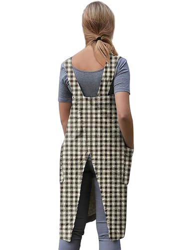 Women's Plaid Cross Back Apron with Large Pockets Home Kitchen (Medium / Plaid2)