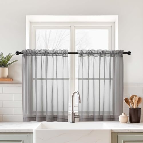 Grey Small Sheer Curtains Tier 24 Inches Length 2 Pieces (42"W x 24"L (Pack of 2) / Charcoal Grey)
