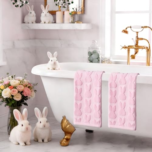 2 Pack Easter Hand Towels Pink Rabbit Cotton Bathroom Towel Decorative Absorbent Bath Towel for Drying Cleaning Cooking (Pink Rabbit / 13.7'' x 29.5'')