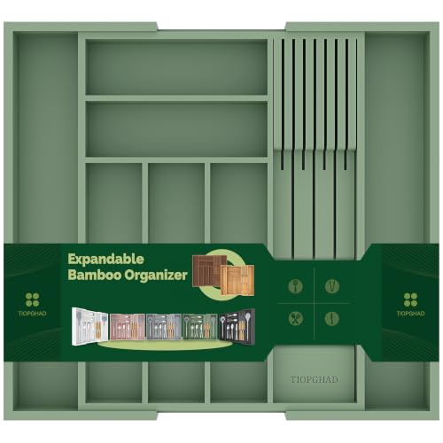 Expandable Bamboo Silverware Drawer Organizer Tray (Grayish Green / Large)