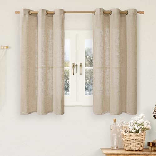 Brown Sheer Linen Curtains 48 inch Length for Kitchen 2 Panels (34"W x 48"L (Pack of 2) / Brown)