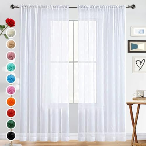 Basic Rod Pocket Sheer Voile Window Curtain Panels White 1 Pair 2 Panels 38 Width 63 Inch Long for Kitchen Bedroom Children Living Room Yard (White / 38"W x 63"L (Pack of 2))