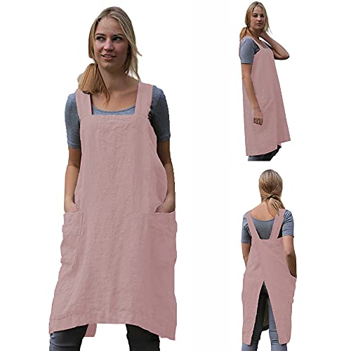 Cotton Linen Apron Cross Back Apron for Women with Big Pockets Square Pinafore Dress for Baking Cooking BBQ & Grill Pink 3XL (Pink / 3X-Large)